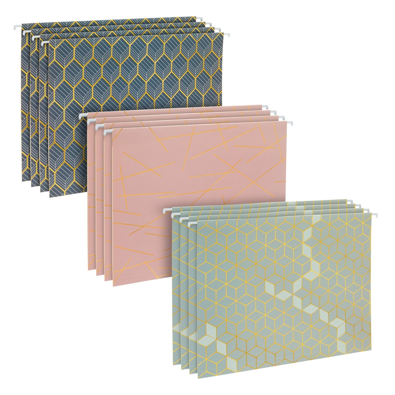 Paper Junkie Geometric Hanging File Folders - Letter Size (11.75 in x 9 in), 12 Pack, Mint, Dusty Pink & Dark Blue - Gold Foil Decorative Folders & Organizer for Office Organization